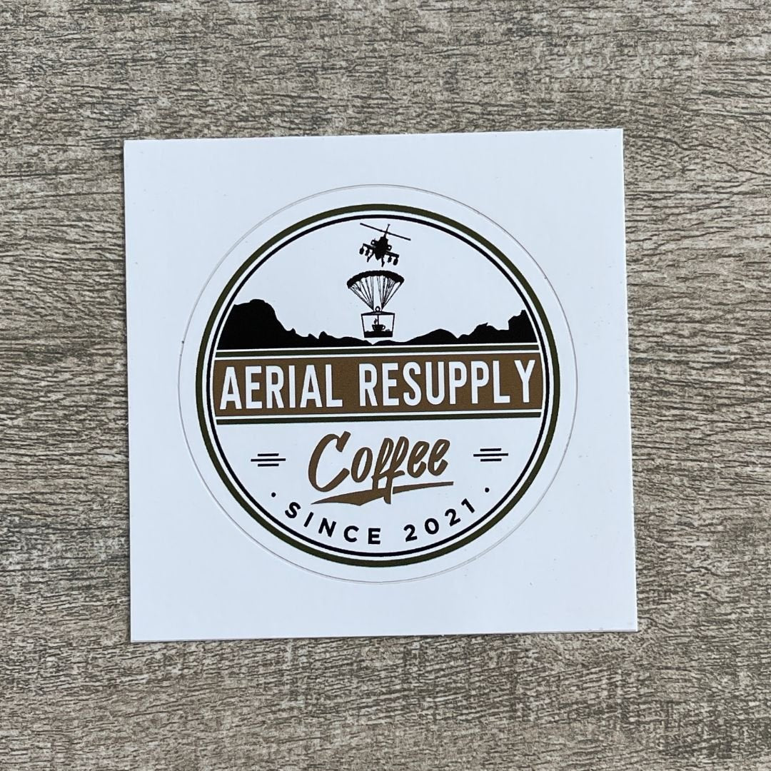 The Aerial Resupply coffee vinyl logo sticker buy online or at our store in charlottesville virginia two and a half inches.