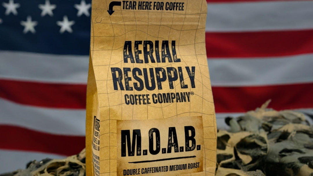 a Bag of moab with an american flag behind it