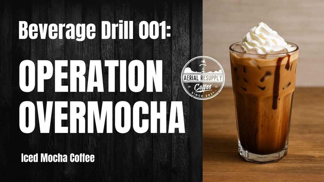 Black background with an iced coffee on a table with operation overmocha text