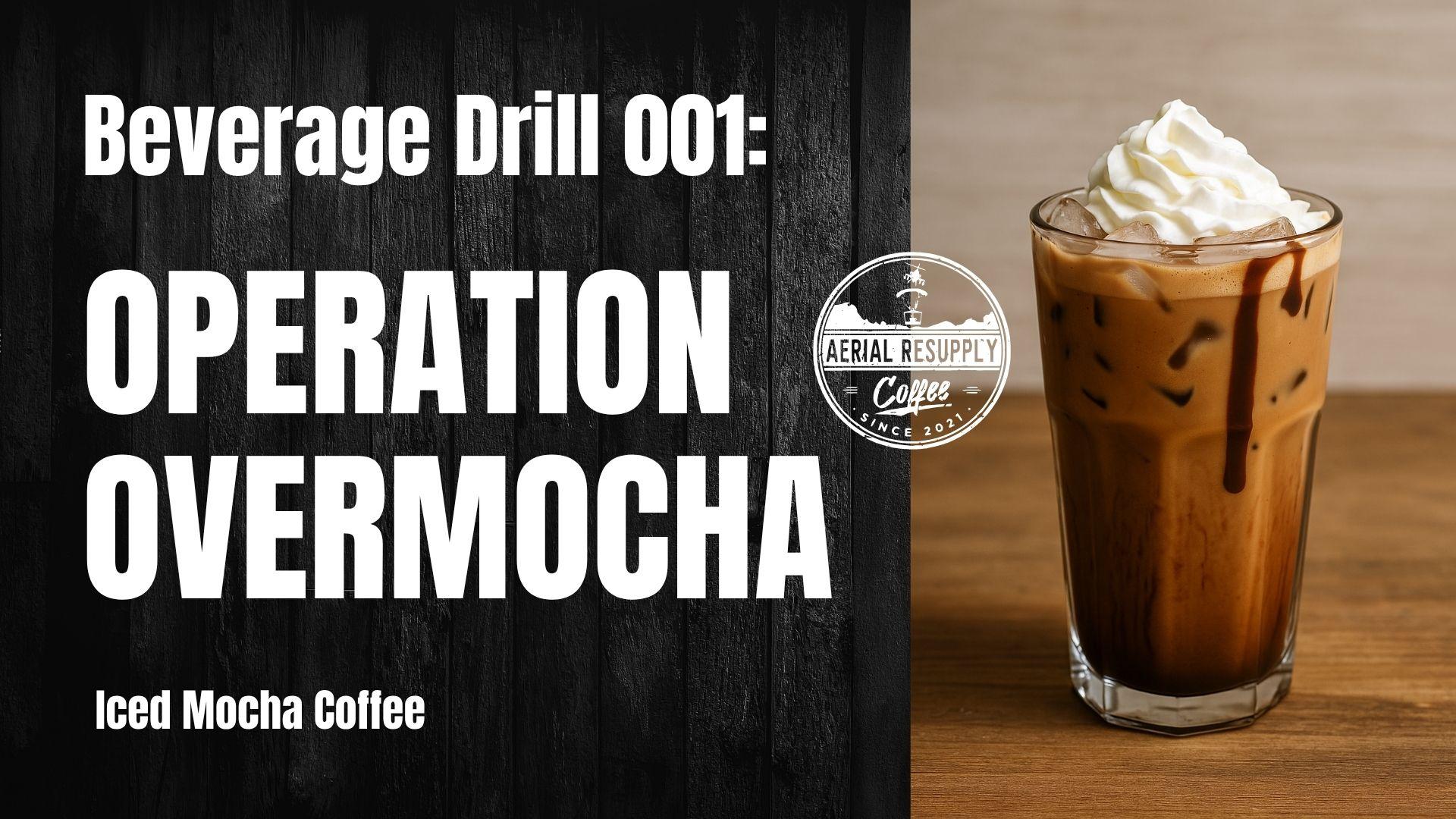 Black background with an iced coffee on a table with operation overmocha text