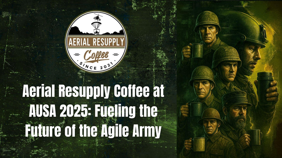 Soldiers of all generations drinking coffee on a green background with white text