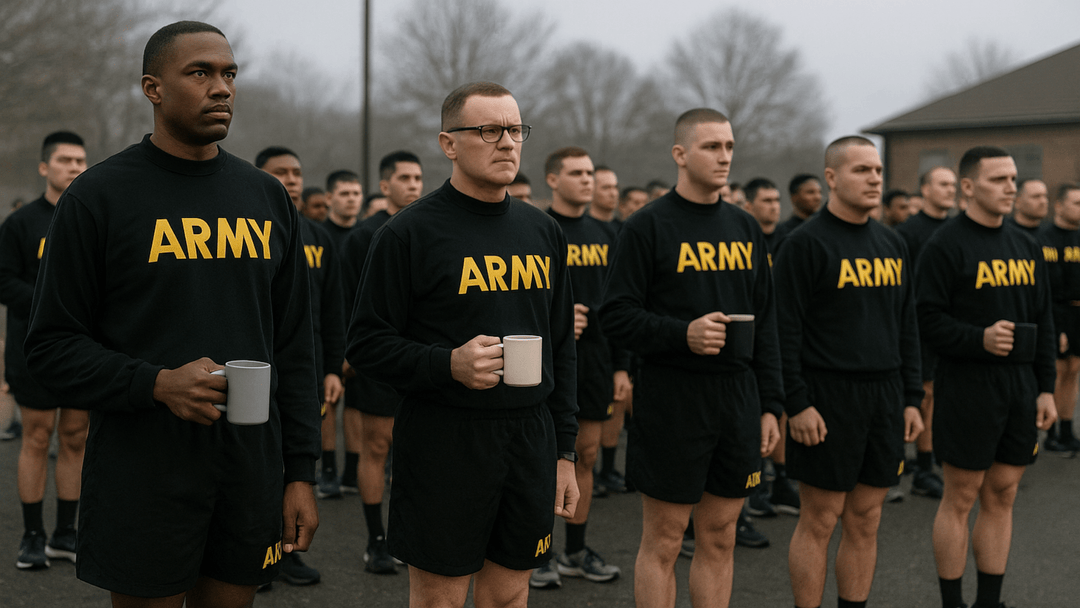 Soldiers standing in formation with a coffee mug for PT