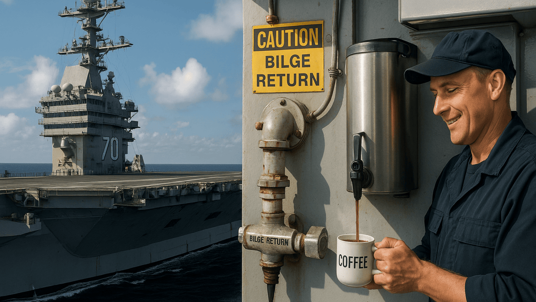 Navy Sailor drinks bilge coffee after an accident on the Carl Vinson 