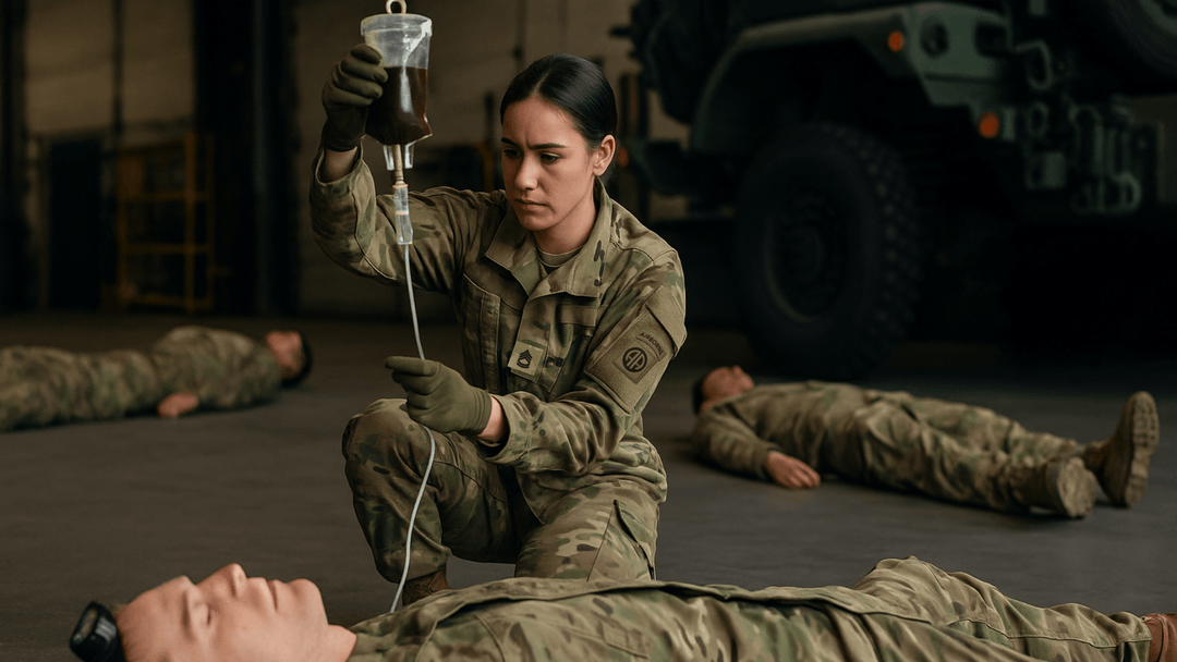 Soldier giving a Coffee IV to another soldier