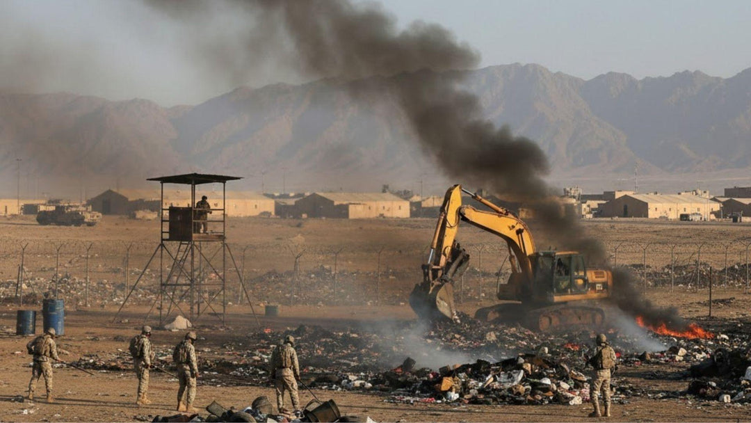a burn pit in Afghanistan with soldiers
