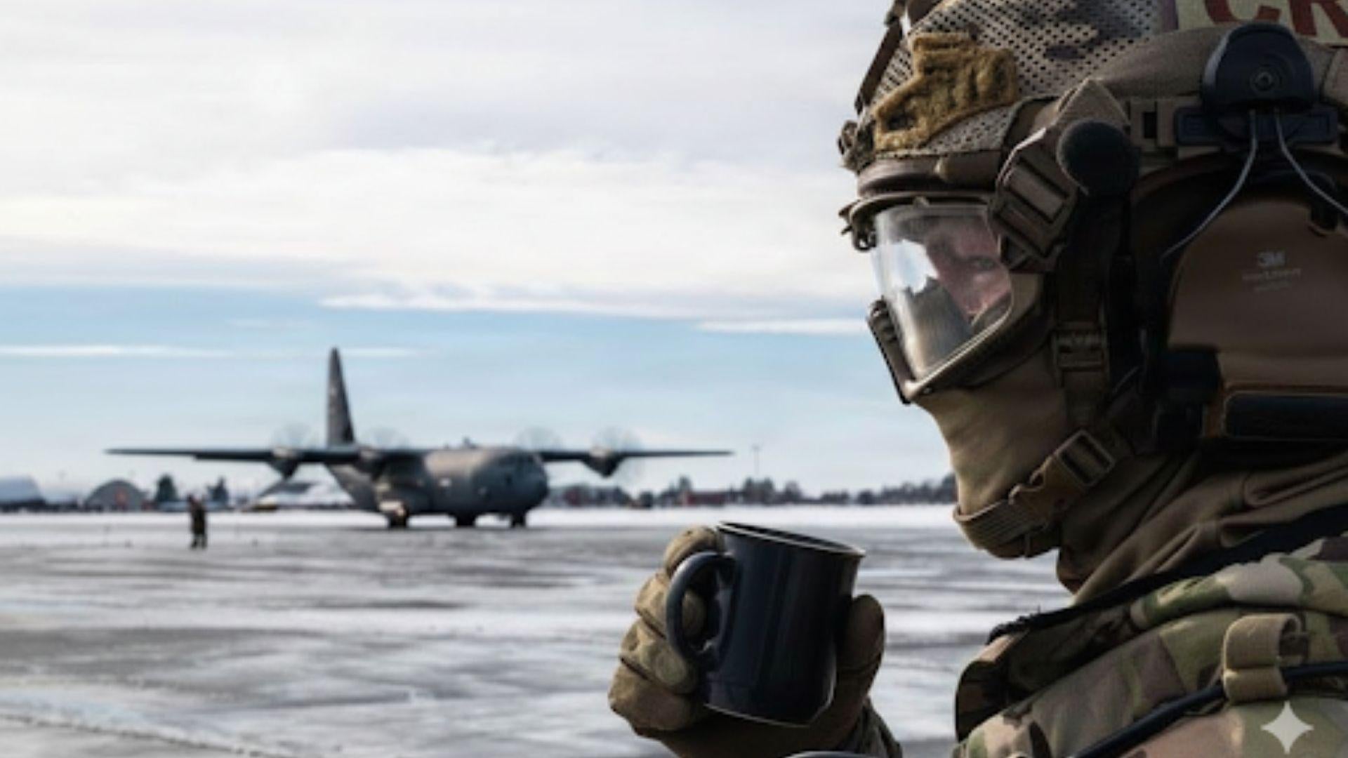 A servicemember drinking a cup of coffee. 