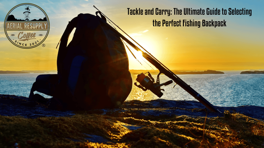 fishing pack, backpack on a rock with fishing pole, fishing, ocean, aerial resupply coffee