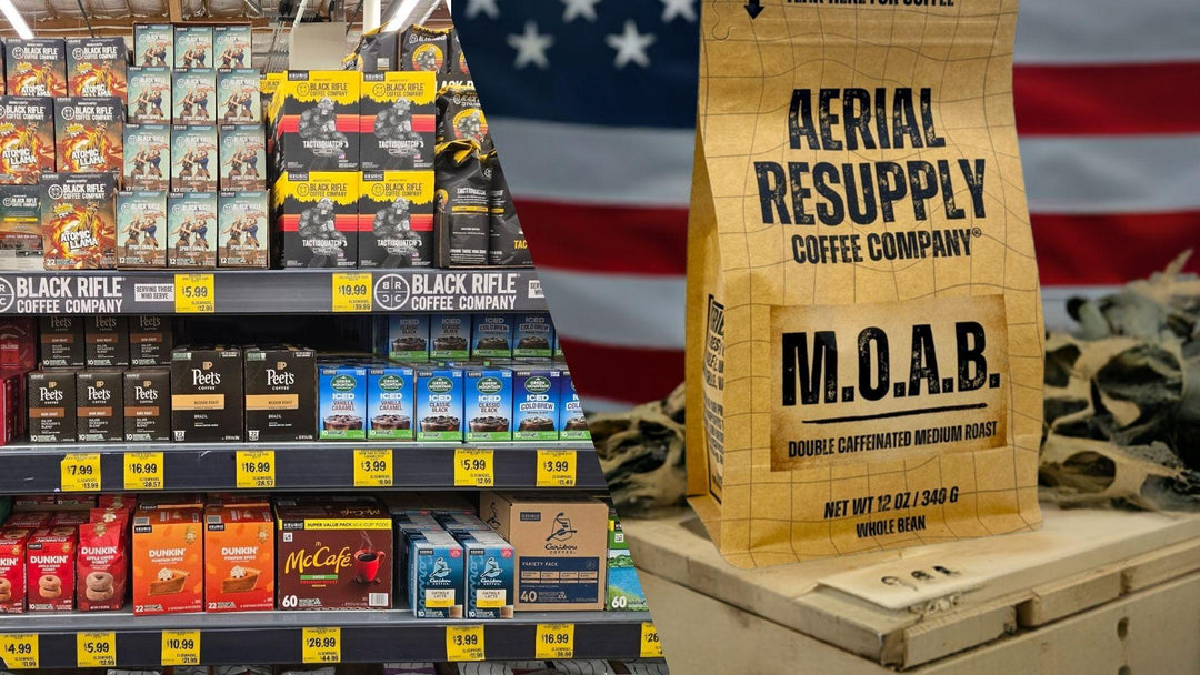 Coffee packaging in the grocery store next to a bag of Aerial Reuspply Coffee on a crate and a flag