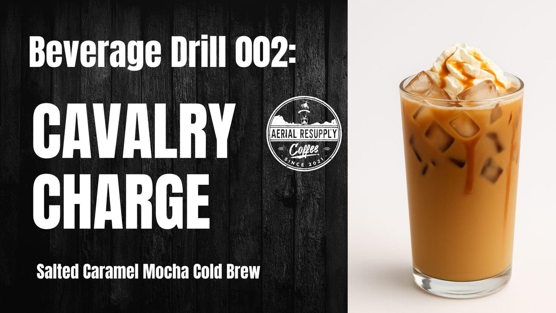 A coffee drink with white text and black background