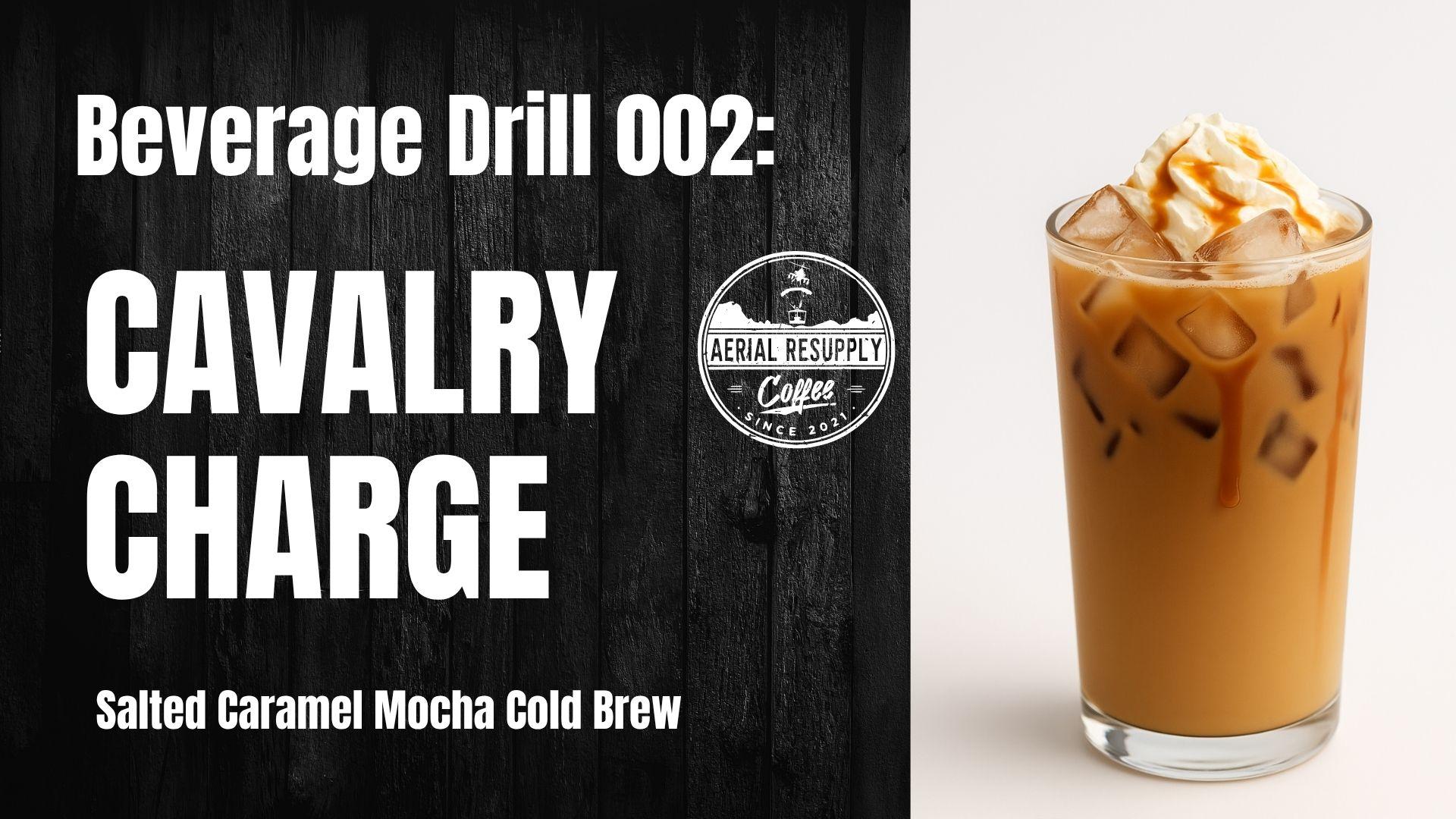 A coffee drink with white text and black background