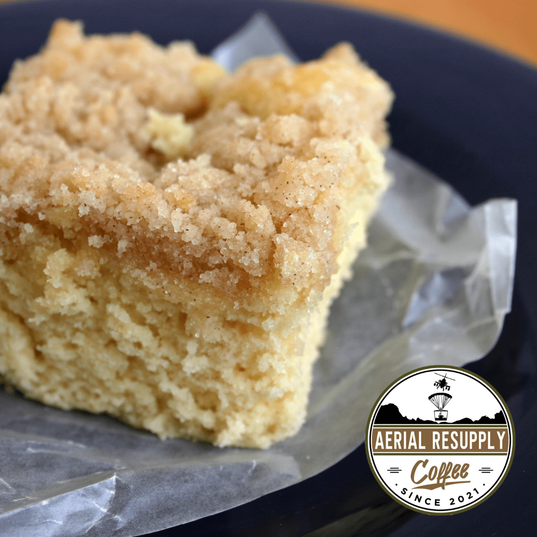 Crumble cake on a wrapper with a blue background