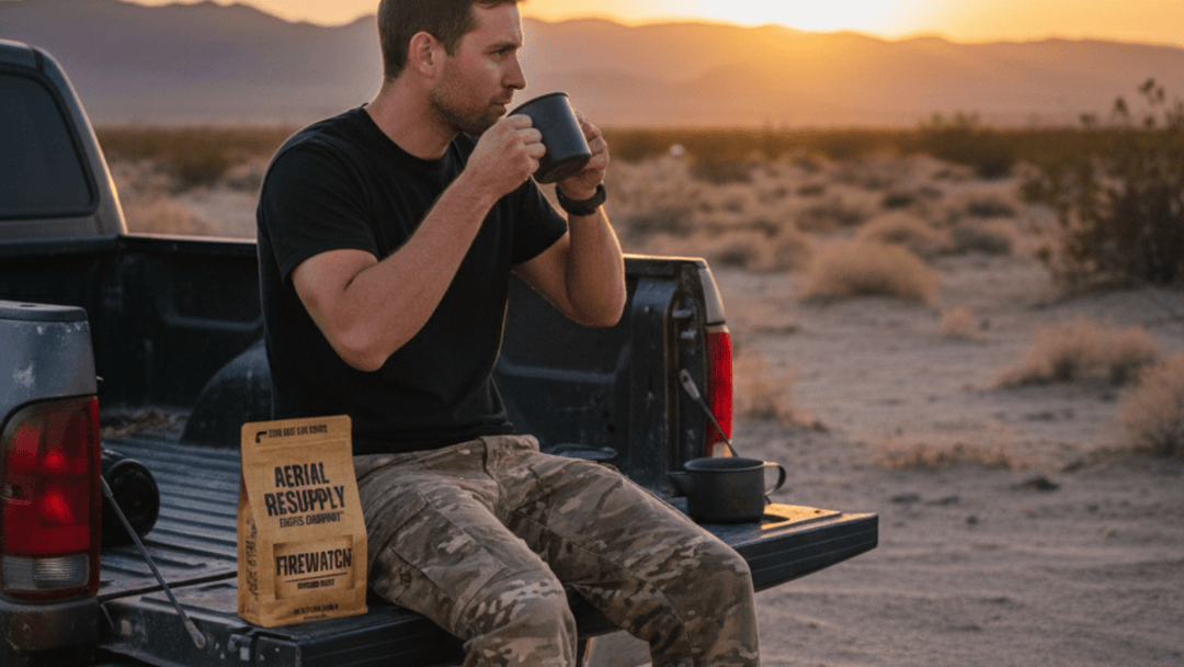 a man sitting on the back of a truck with a cup of coffee