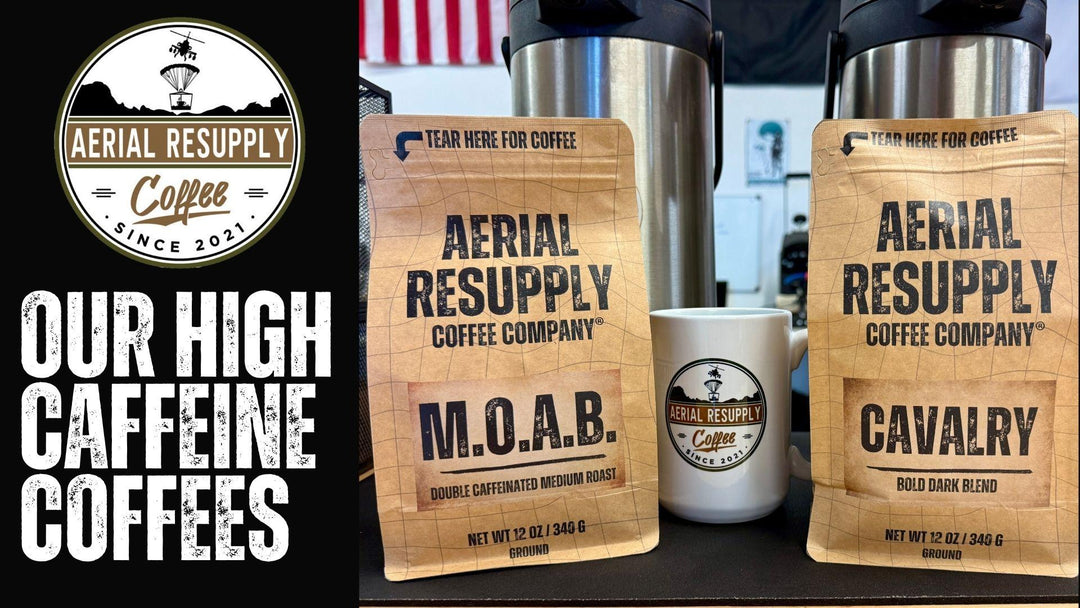 two bags of coffee sitting with a coffee mug next to two pots of coffee and text overlay