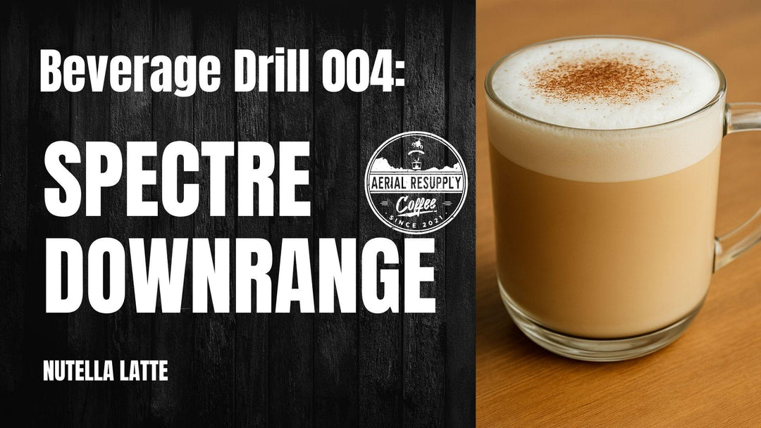 A coffee drink with white text and black background