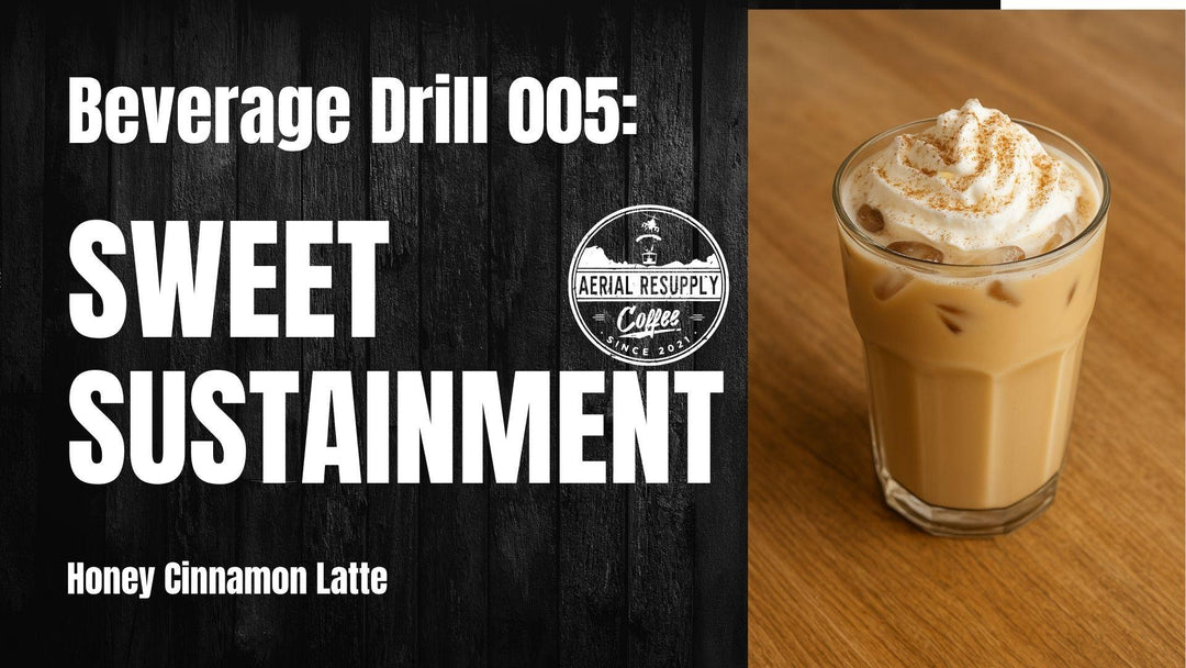 Coffee drink on a table with a black background and white text