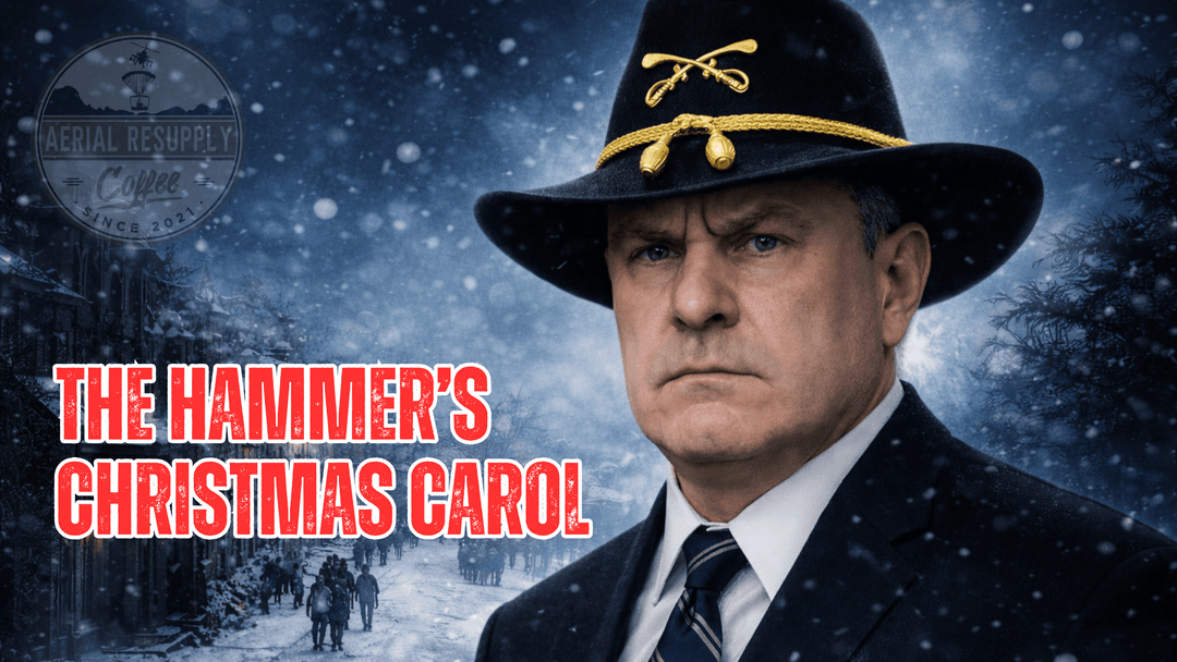 A man in a stetson on christmas with a snowy background