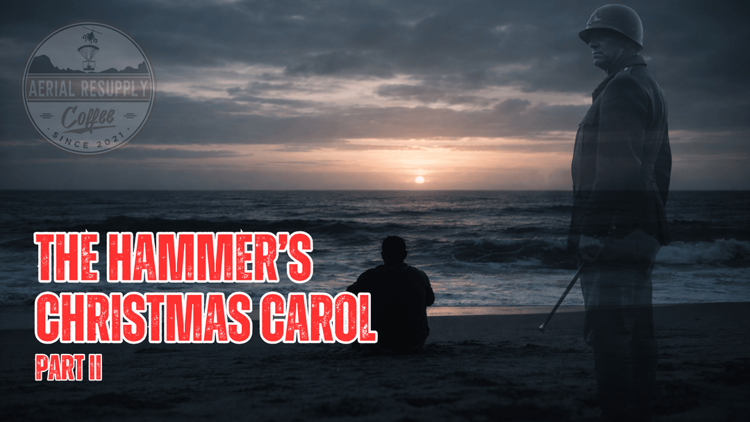 The ghost of a soldier standing on a beach watching someone looking at  the ocean