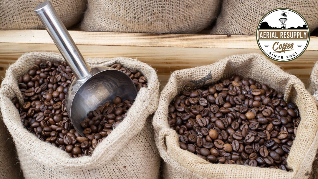 Roasted coffee in two bags and a scoop wholesale