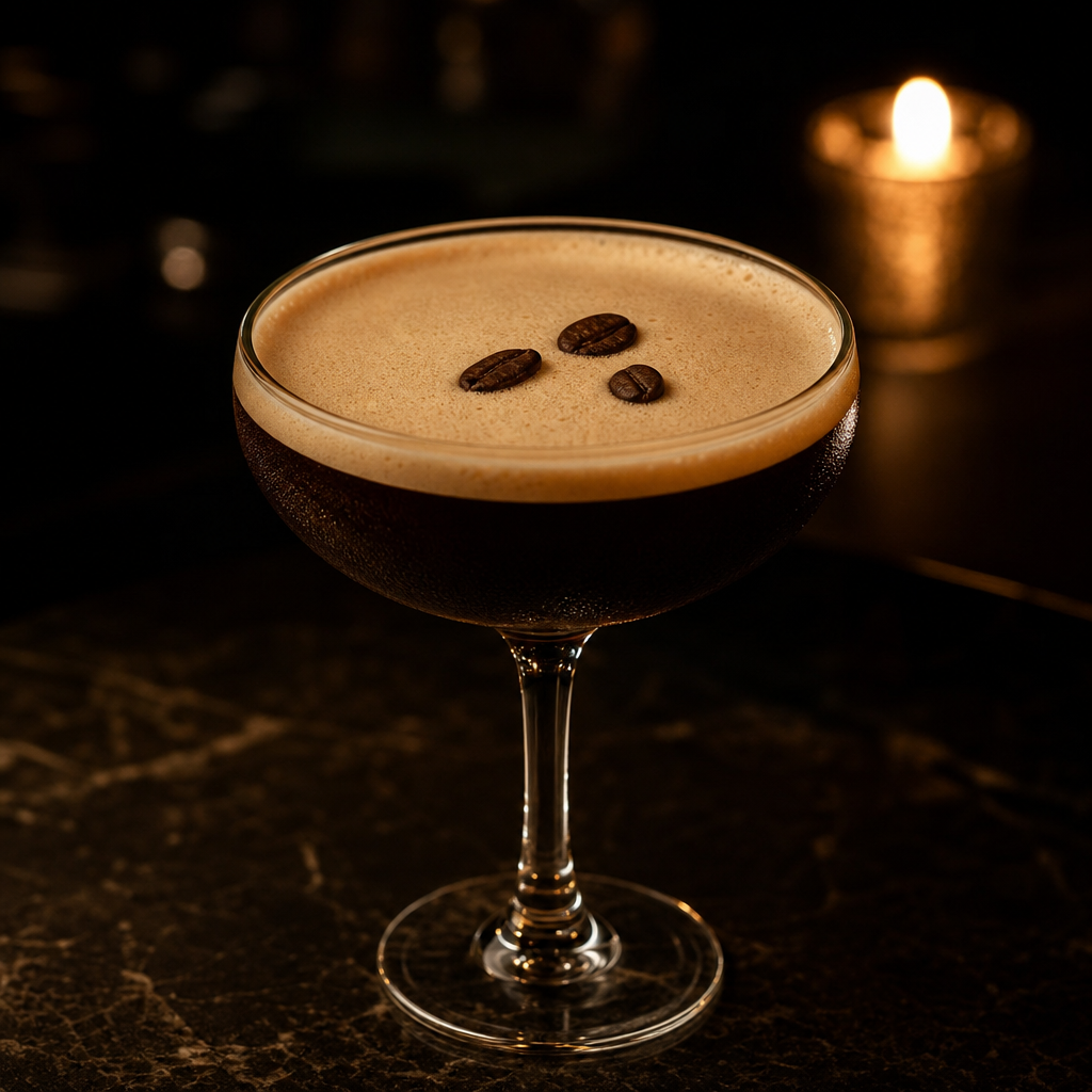 Espresso martini in a coupe glass with crema