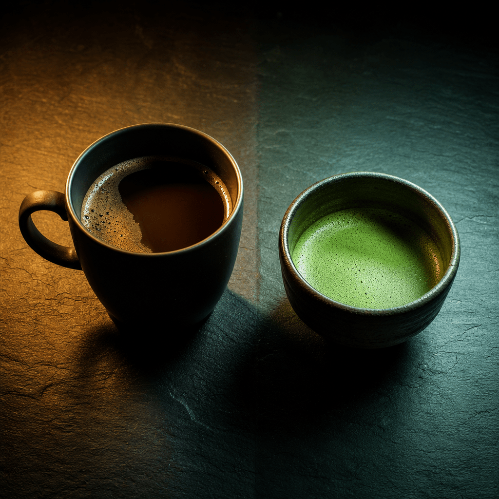 Black coffee and green matcha cups side by side — coffee vs matcha comparison