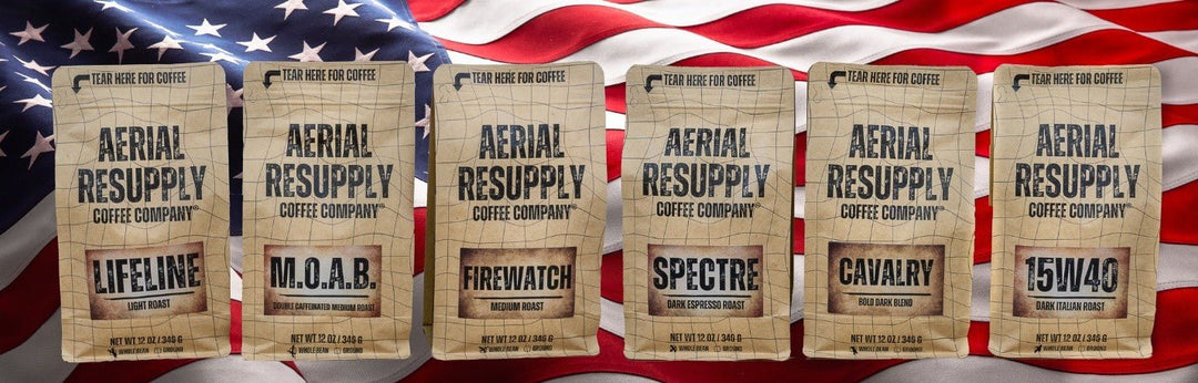 American Flag background with patriotic coffee blends from Aerial Resupply Coffee