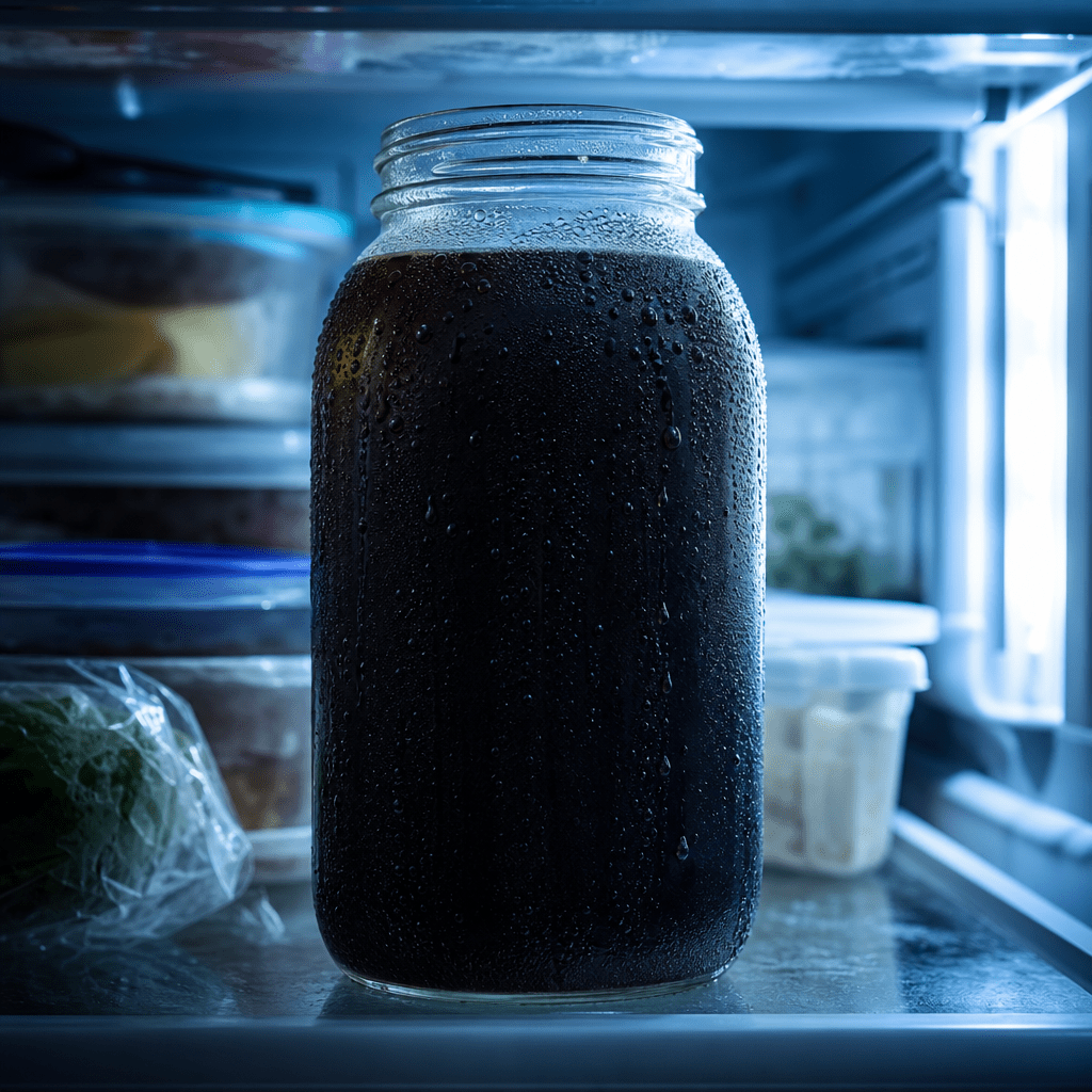 Mason jar of cold brew coffee in refrigerator — cold brew shelf life guide