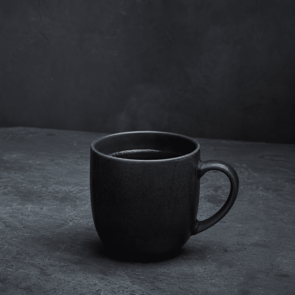Dark coffee mug with minimal steam — decaf coffee caffeine question