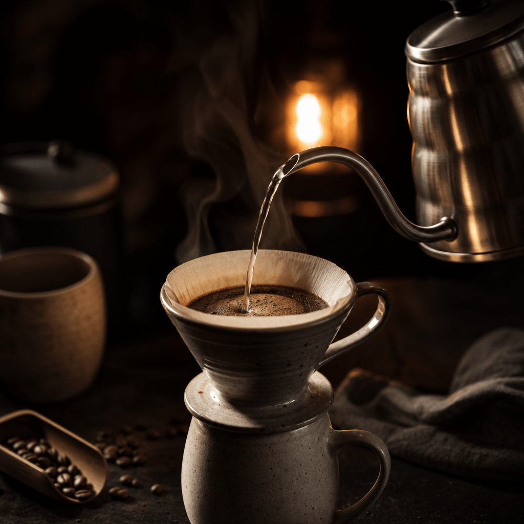 Gooseneck kettle pouring over ceramic coffee dripper