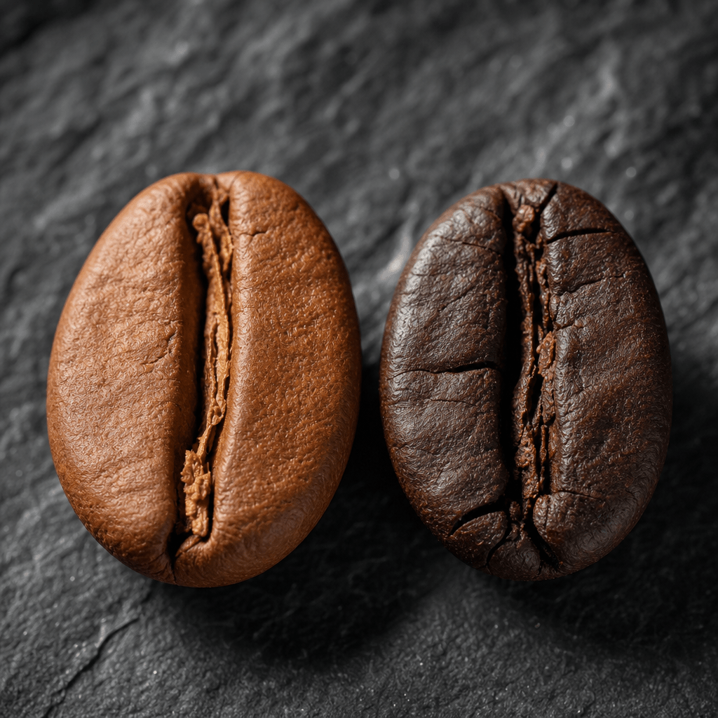 Robusta and Arabica coffee beans side by side macro comparison