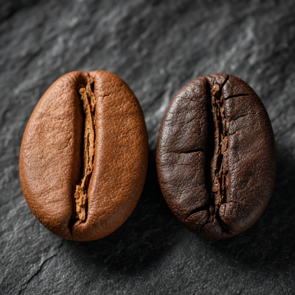 Robusta and Arabica coffee beans side by side macro comparison