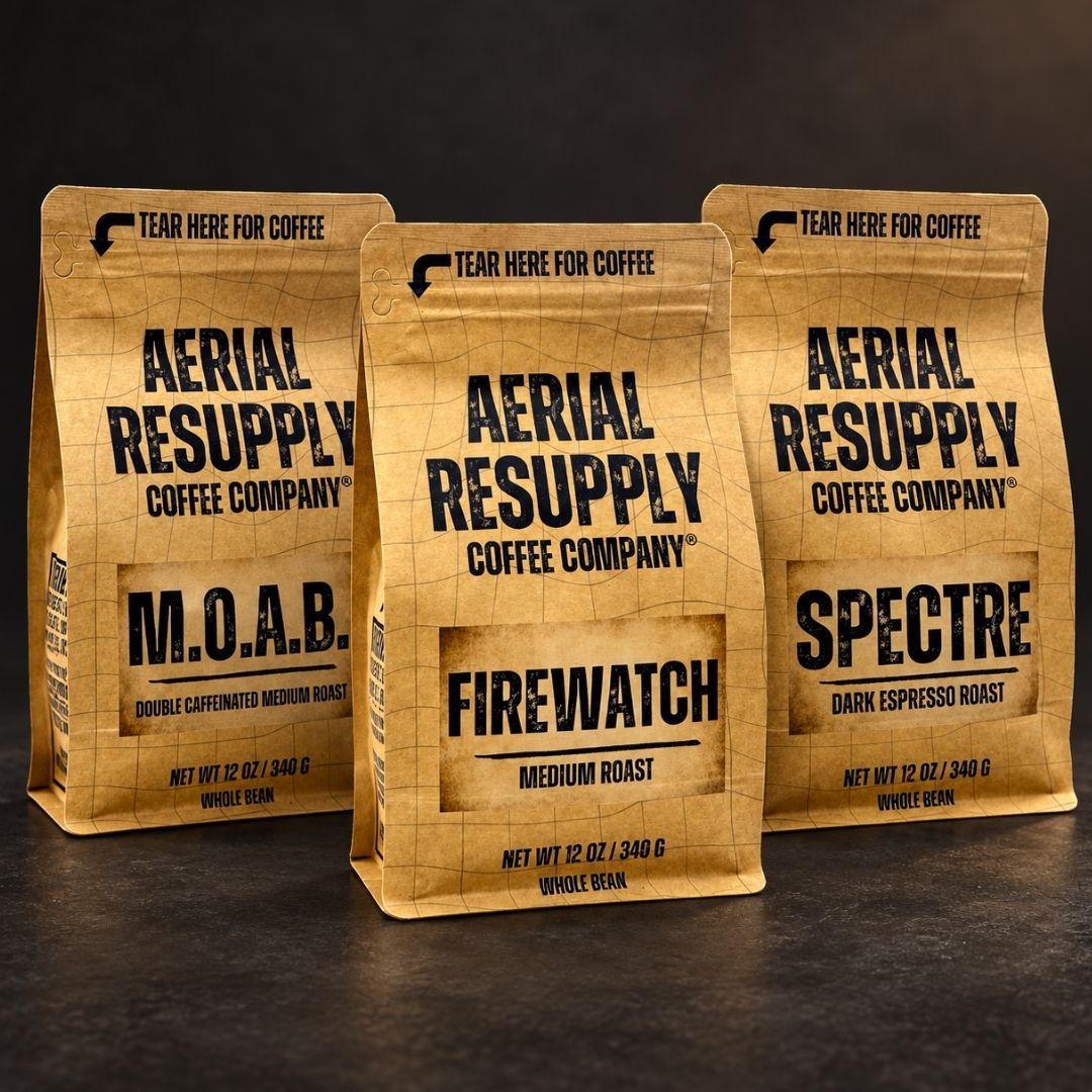 a brown bag of coffee with black lettering saying Aerial Resupply Coffee