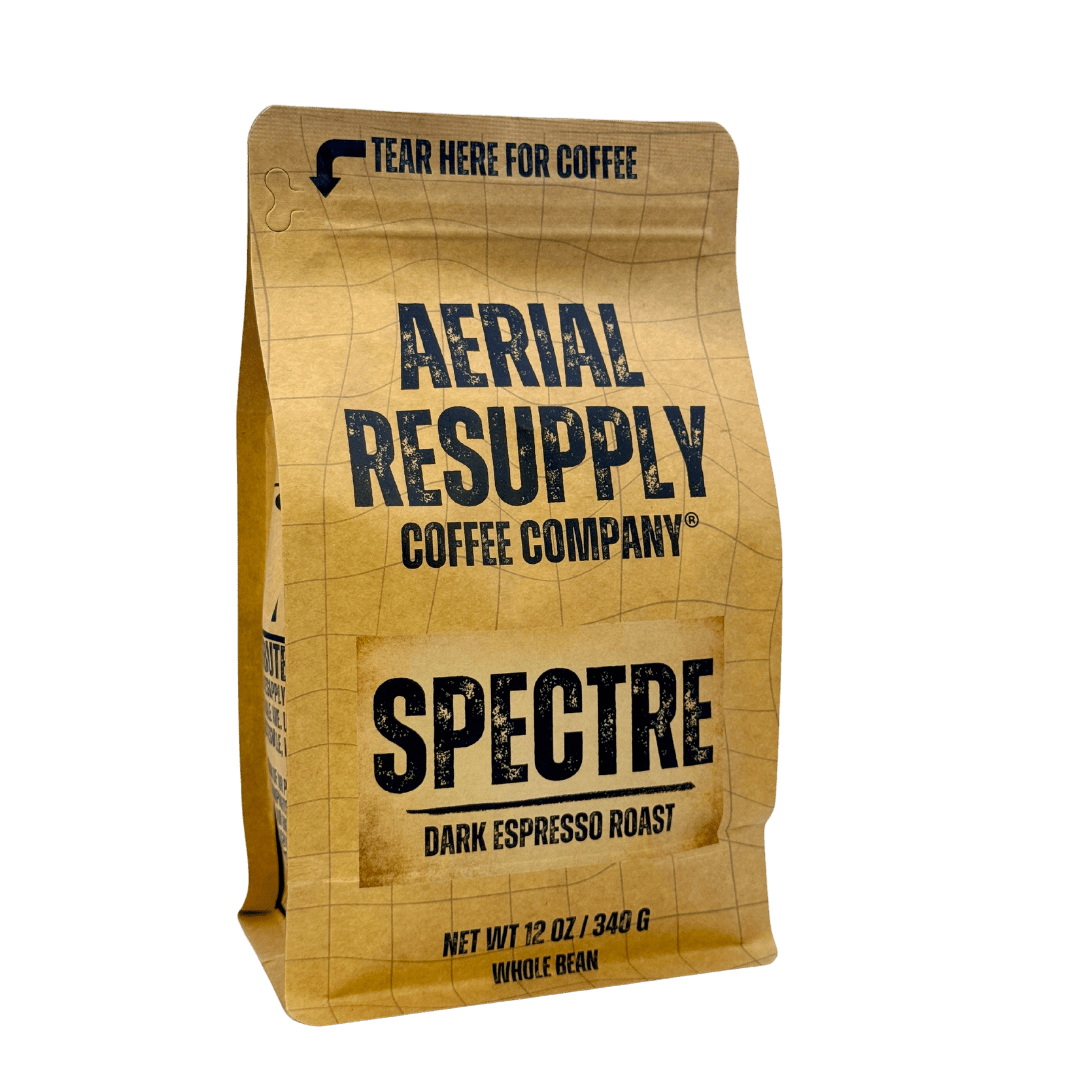 a brown bag of coffee with black lettering saying Aerial Resupply Coffee