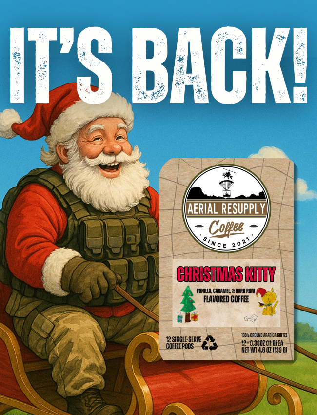 Illustration of Santa Claus with a coffee package labeled 'Aerial Resupply Coffee' against a blue sky.