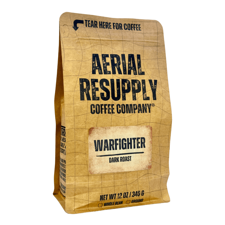 Coffee bag from Aerial Resupply Coffee Company with 'Warfighter' dark roast label on a white background