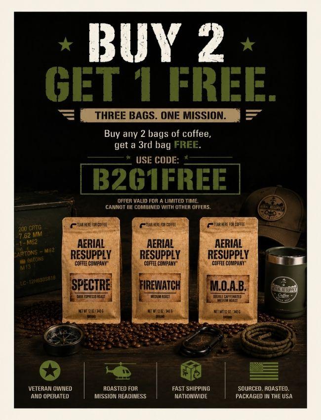 Promotional poster for Aerial Resupply Coffee Company with coffee bags and a cup, featuring a buy two get one free offer.