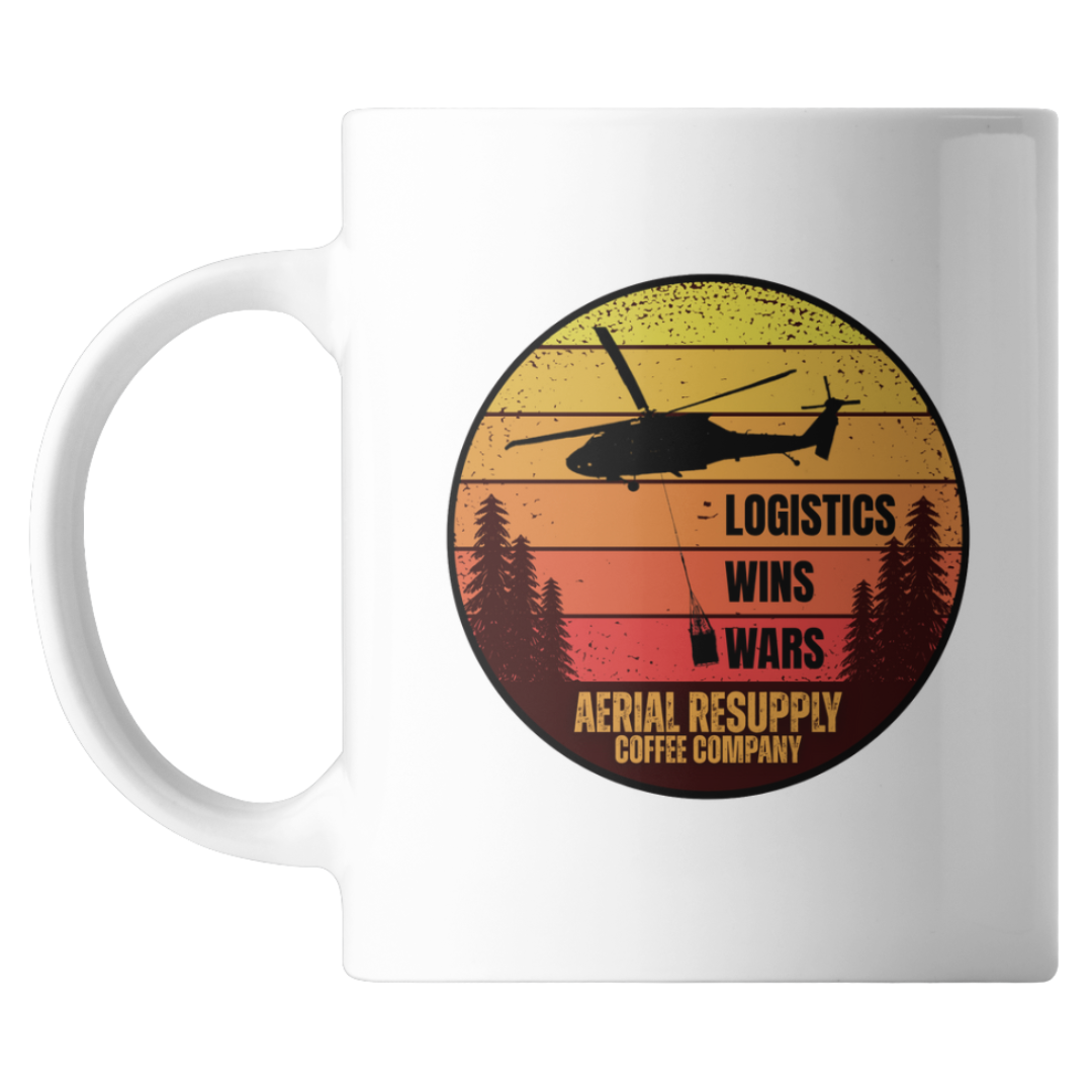 White mug with a helicopter design and text on a white background
