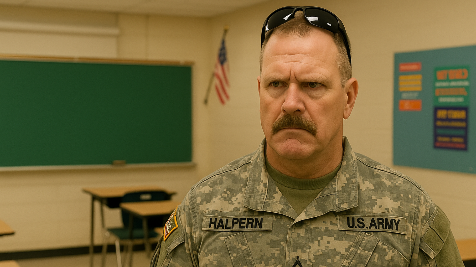 JROTC instructor in Army uniform standing in high school classroom.