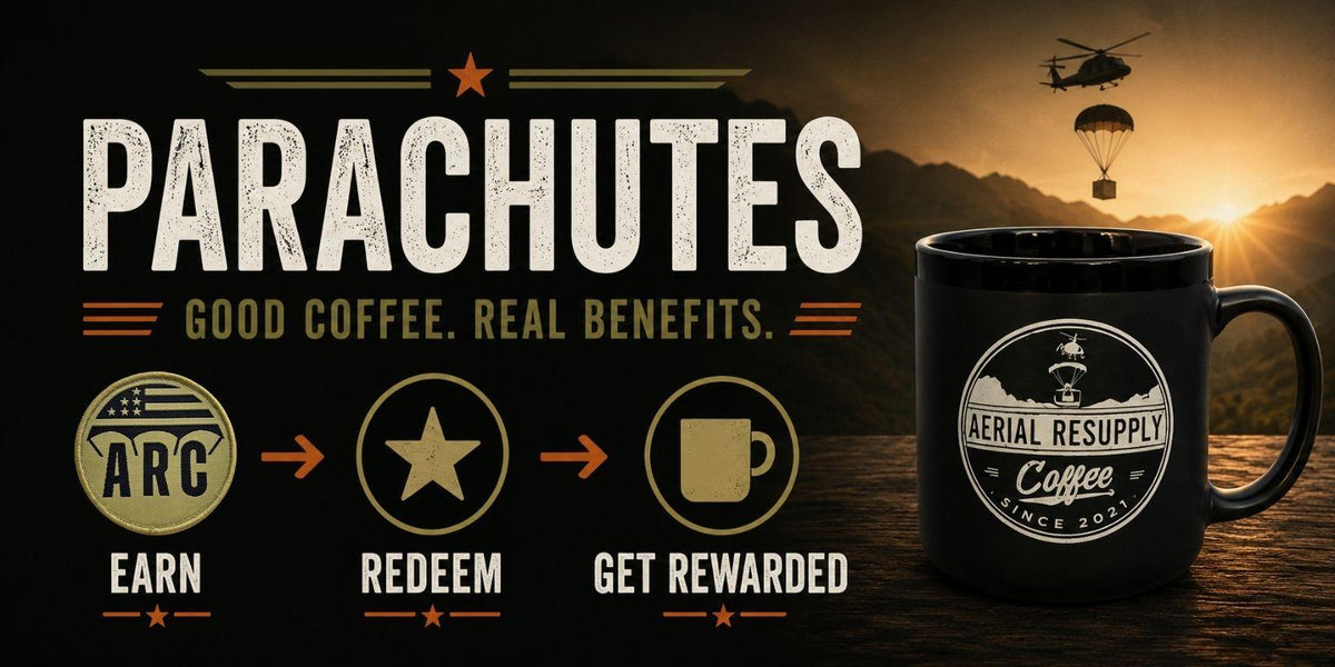 A black ceramic coffee mug with a circular 'Aerial Resupply Coffee' logo, shown next to a promotional graphic for 'Parachutes' coffee benefits. The graphic features a military theme with a helicopter, parachutes, and icons for earn, redeem, and get rewarded.