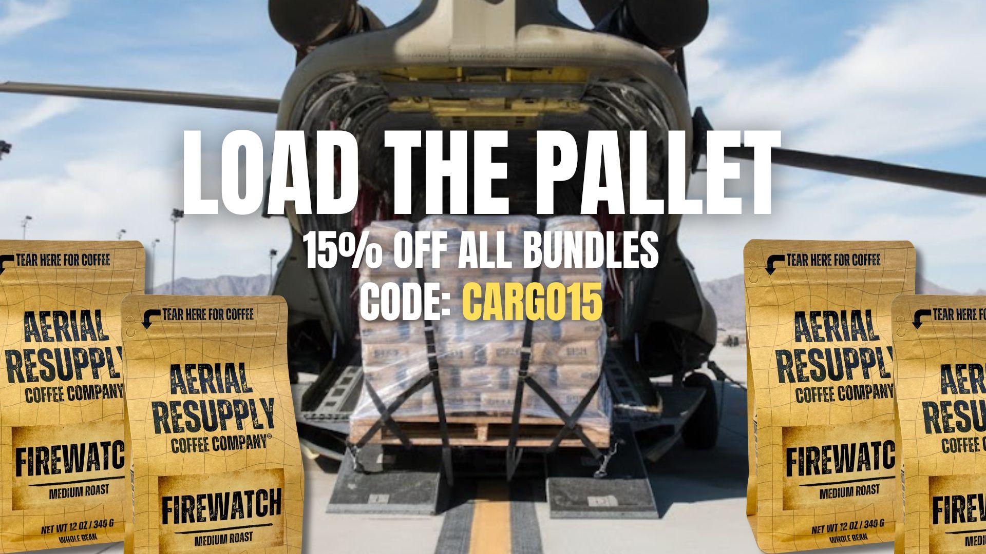 Pallet with 'Aerial Resupply Coffee Company' boxes and promotional text overlay.