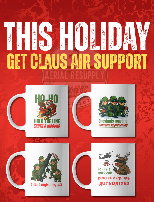 Four mugs with Christmas-themed designs on a red background with text promoting 'Claus Air Support'.