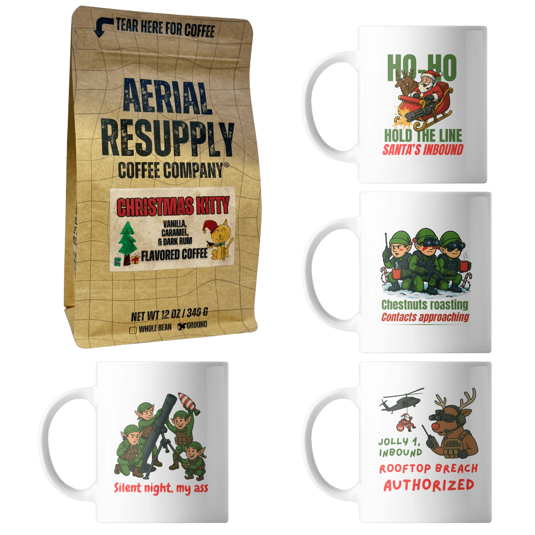Aerial Resupply Coffee Company package with Christmas-themed mugs on a white background