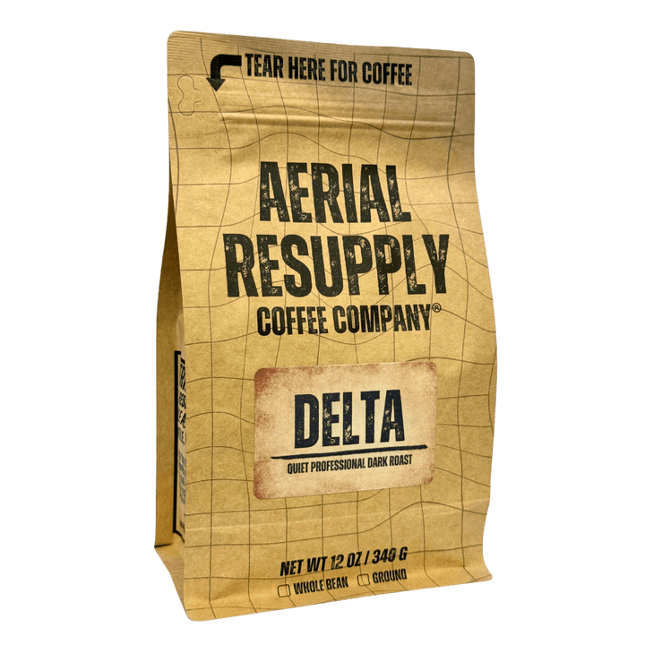 Coffee bag from Aerial Resupply Coffee Company with 'Delta' label on a white background