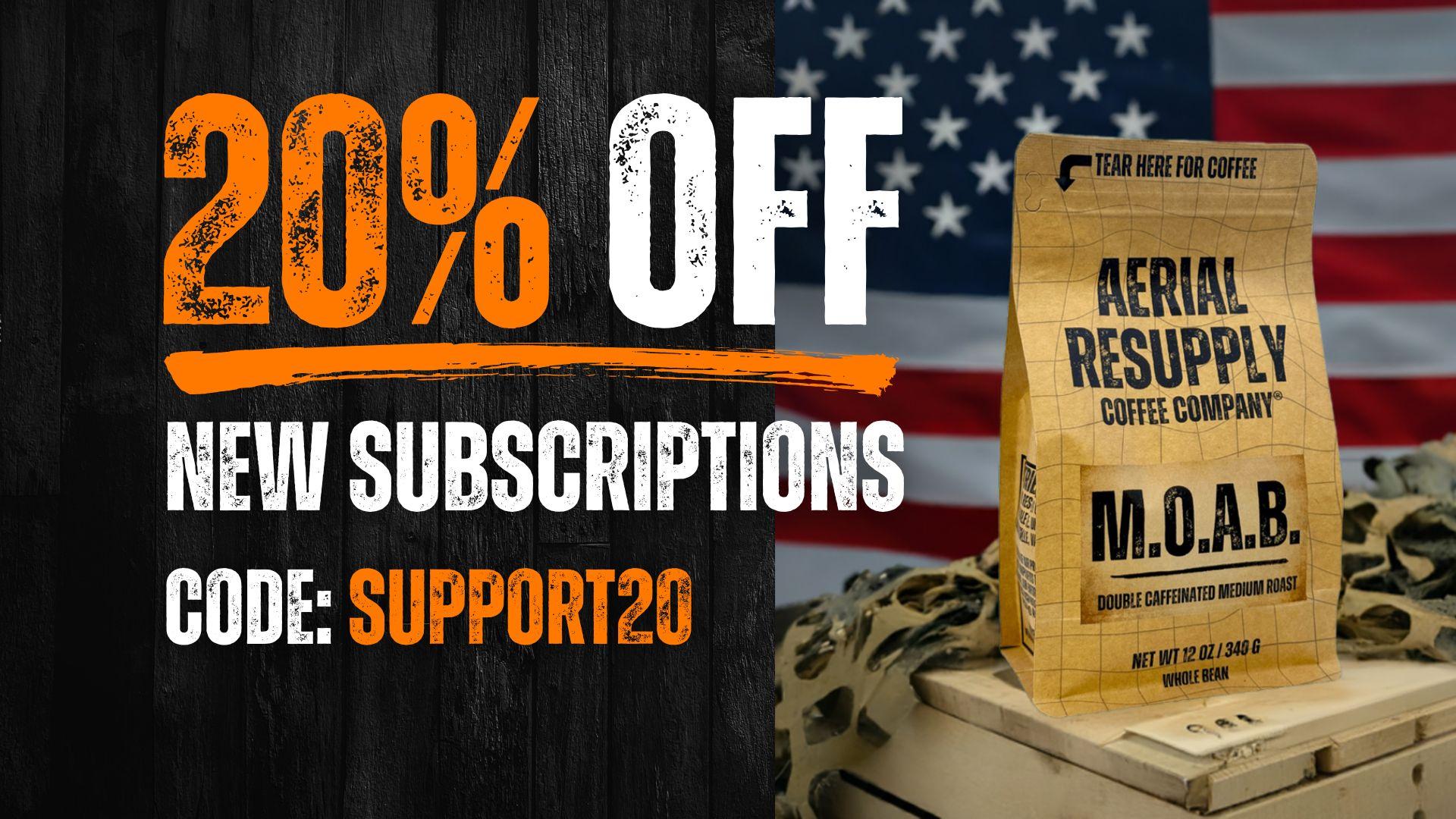 Promotional offer for Aerial Resupply Coffee Company with a coffee bag and American flag in the background.