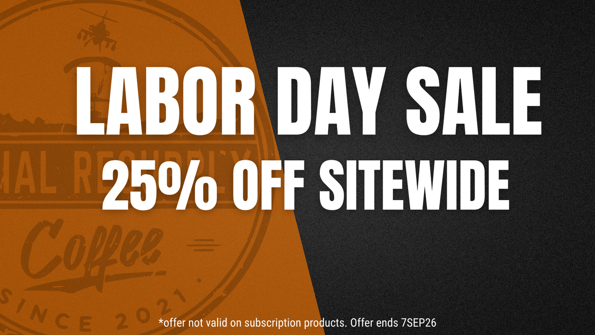 Promotional graphic for a Labor Day Sale with large white text reading 'LABOR DAY SALE 25% OFF SITEWIDE' over a split orange and black background with a faint coffee logo.