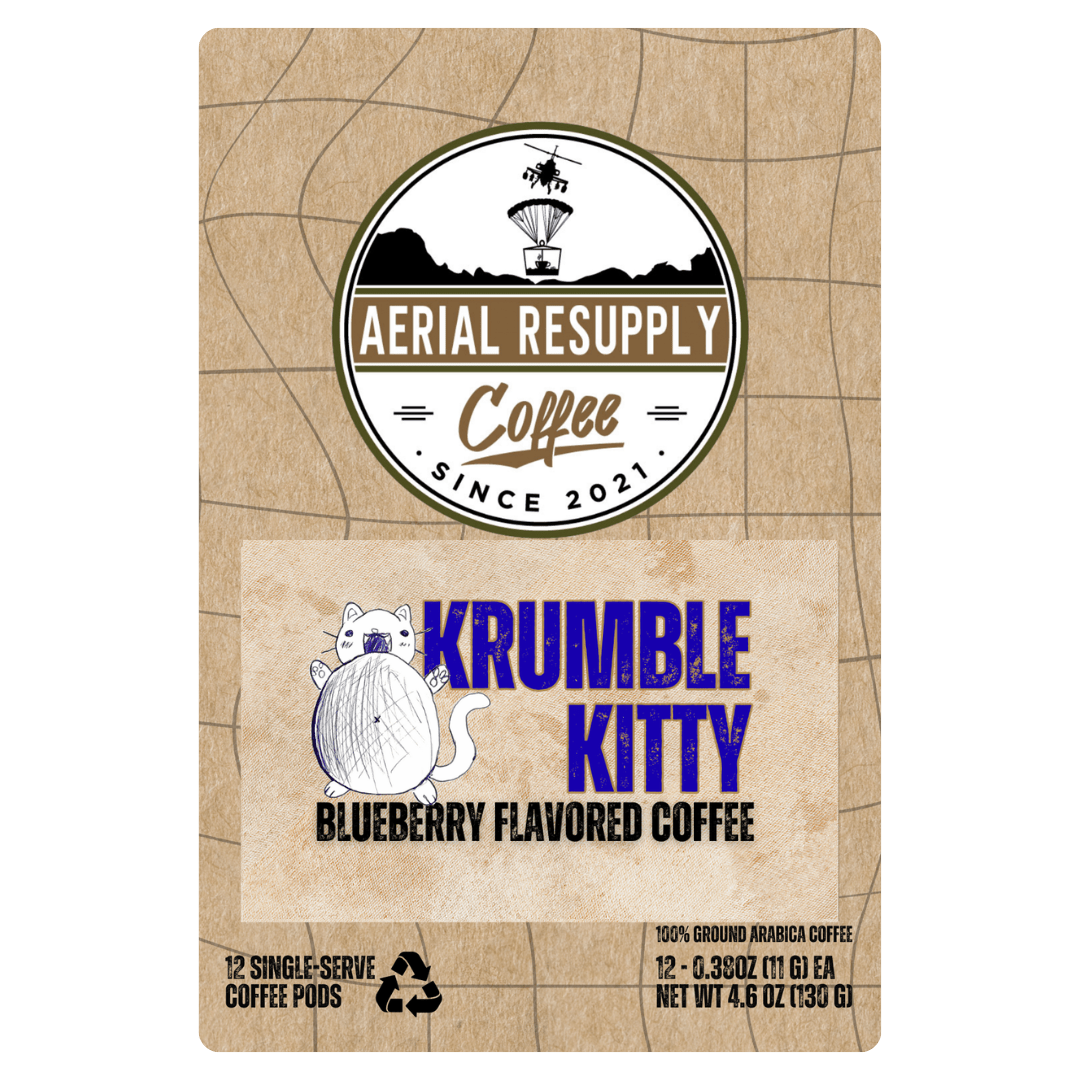 Krumble Kitty blueberry flavored coffee package with Aerial Resupply branding on a brown cardboard background.