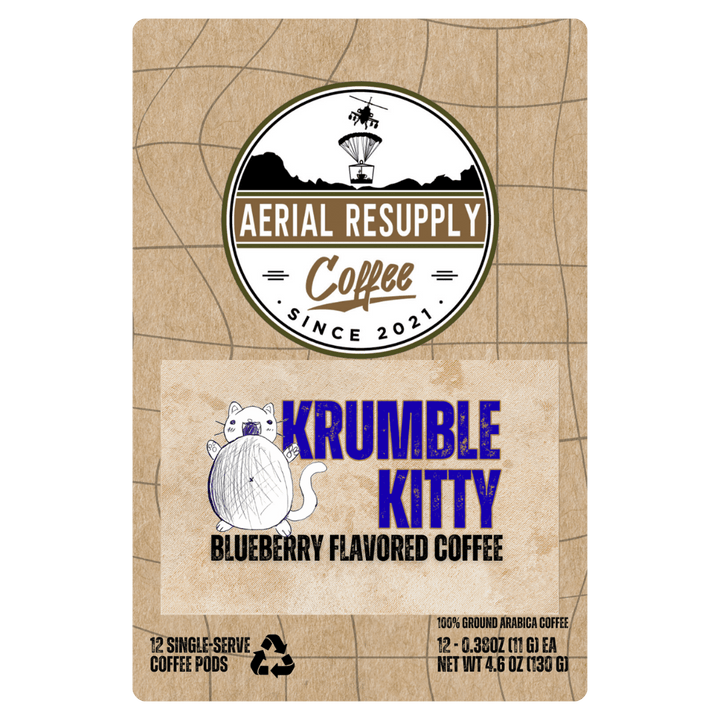Krumble Kitty blueberry flavored coffee package with Aerial Resupply branding on a brown cardboard background.