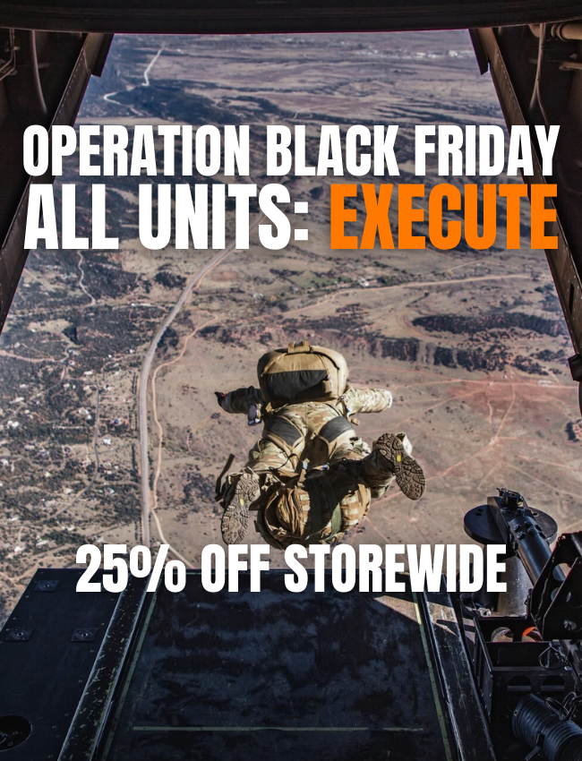 Person in military gear jumping from an aircraft with text overlay for 'Operation Black Friday'.