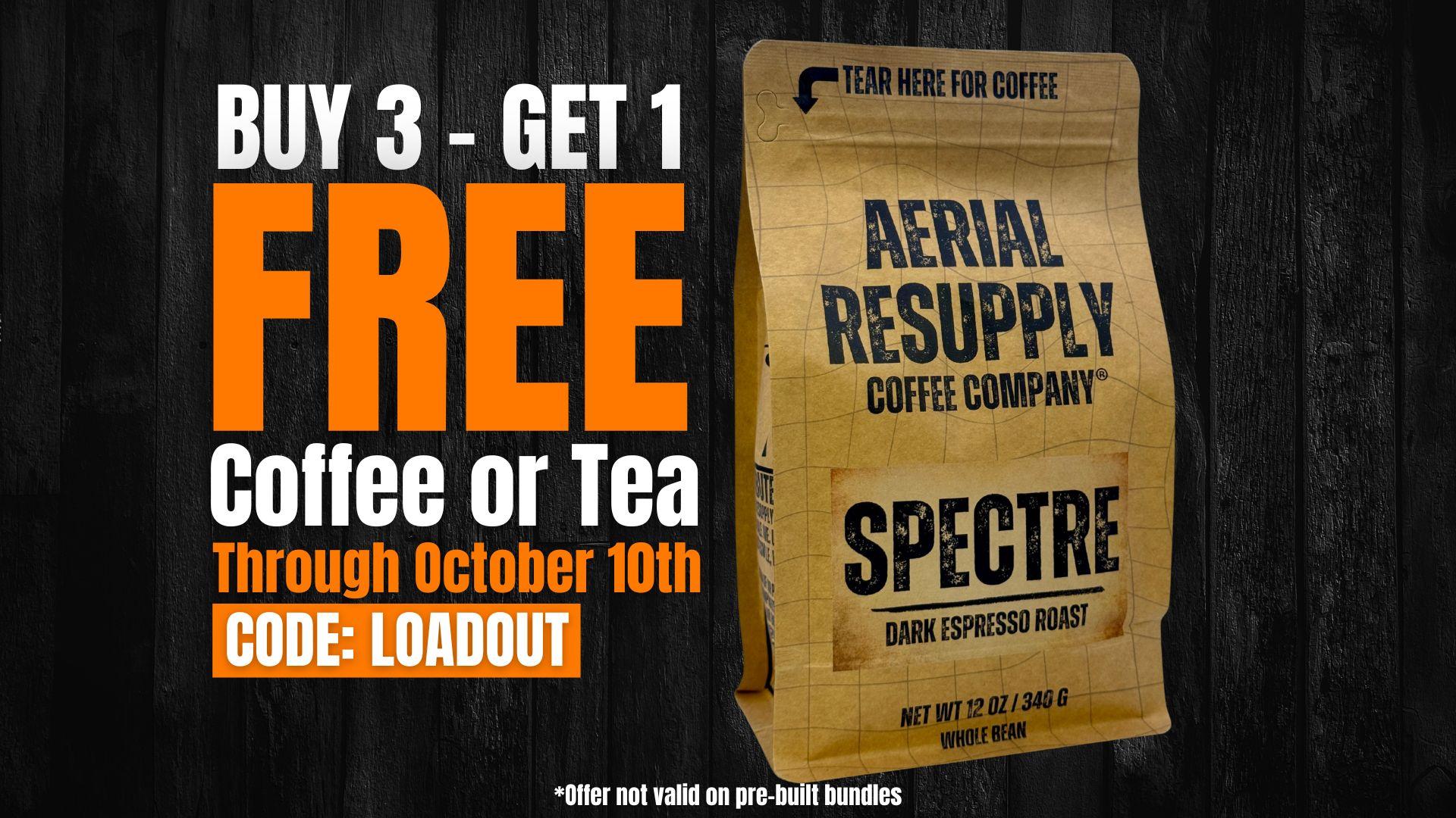 Aerial Resupply Coffee Company Spectre coffee package with promotional text on a dark background