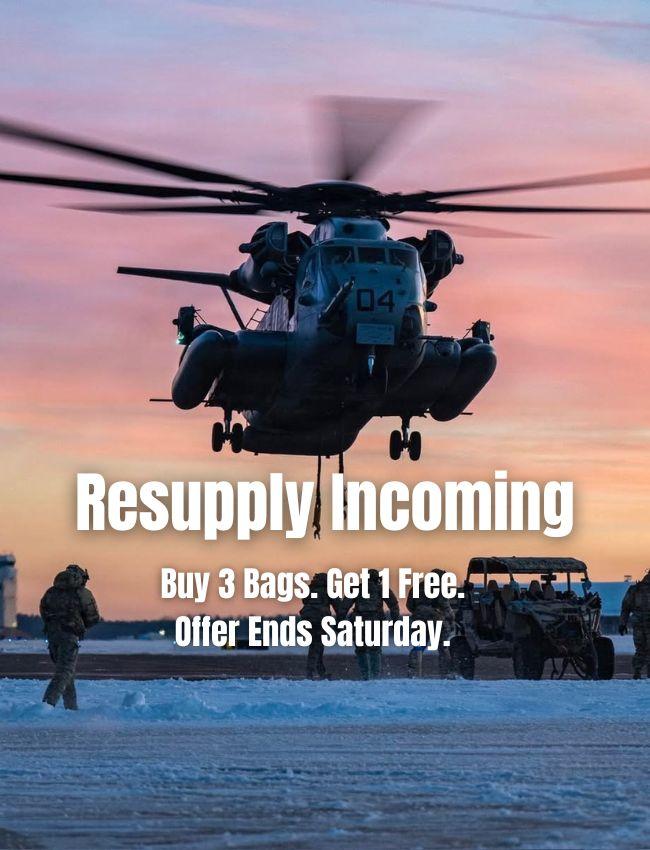 Helicopter flying over a snowy landscape with promotional text overlay.