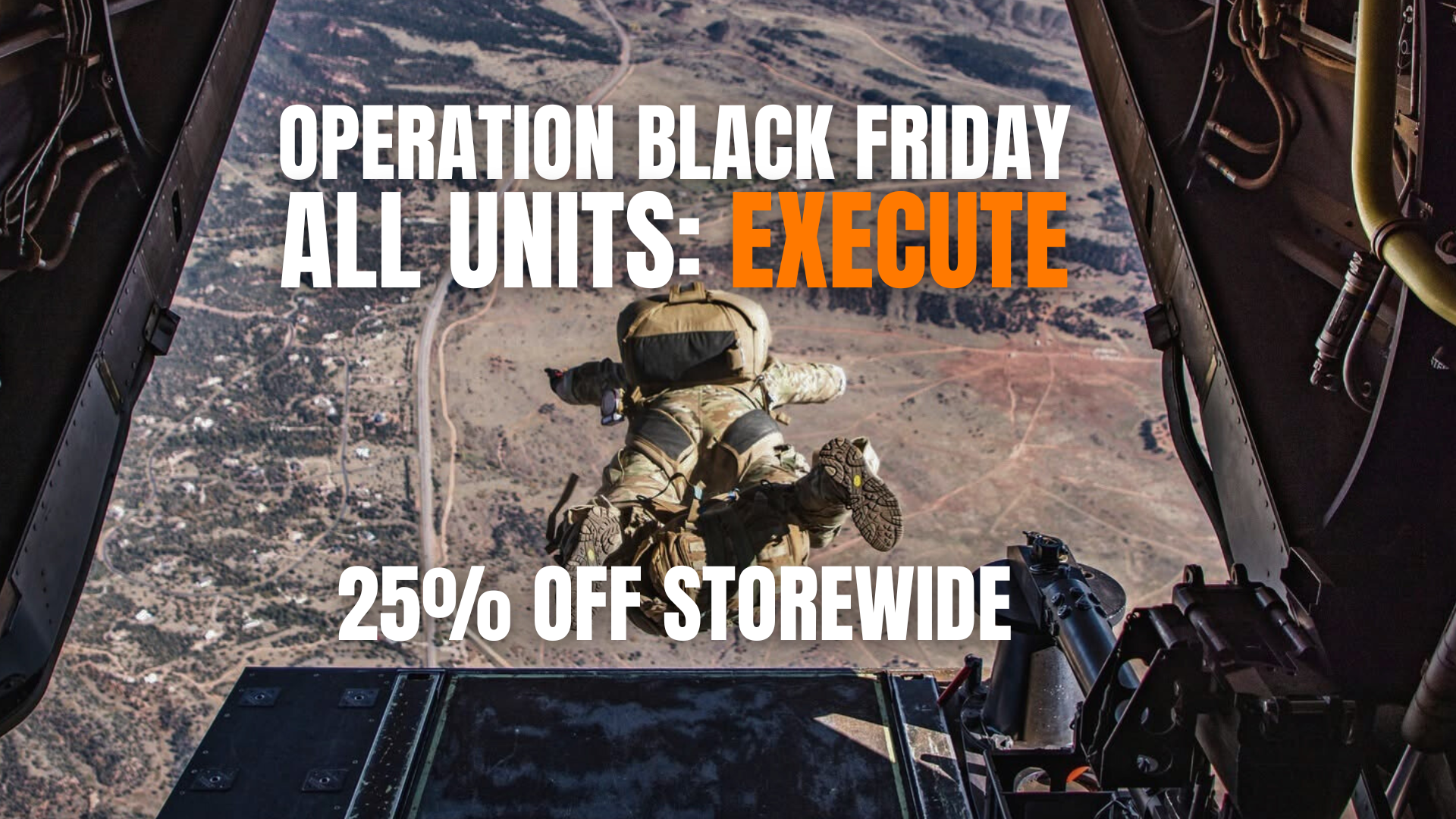 Person in military gear looking out of a helicopter with promotional text overlay.